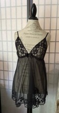Frederick  s of Hollywood Wom M Black Sheer Chiffon Netting Lace Nightie Chemise