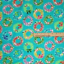 Wishwell Glow Christmas Teal Wreaths Kaufman Fabric   1/2 Yard  #20212-213