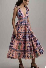 Farm Rio New Anthropologie Seashell Tapestry Midi Dress Pink Size L NWT