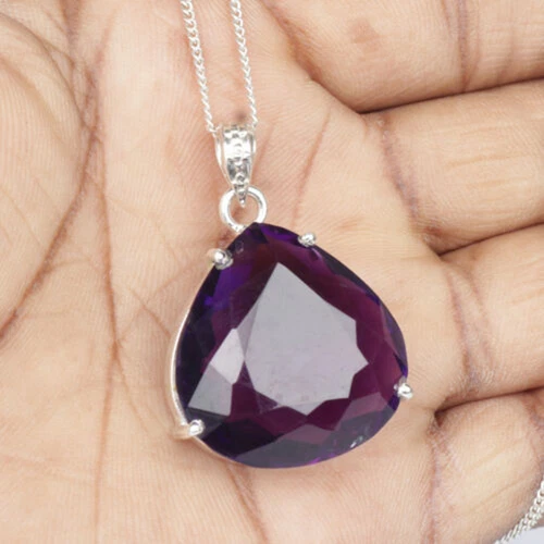 Large 105ct Violet Amethyst Pendant 925 Sterling Silver Jewelry Gift for Love y3