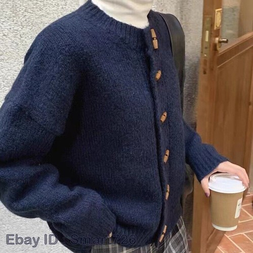Women Casual Horn Button Knit Cardigan Loose Sweater Jacket Round Neck Top Warm - Picture 13 of 30