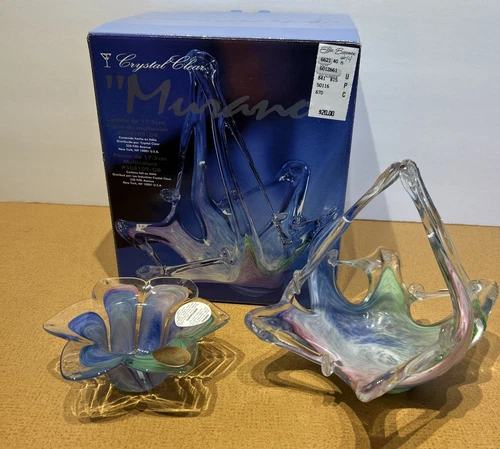 2-Murano Hand Blown Pulled Glass Bowl Basket Dish Star Boxed With Candle Holder