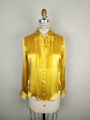 Rich Honey Color 100% Silk Ruffled Front Blouse by Behnaz Sarafpour * Sz Small