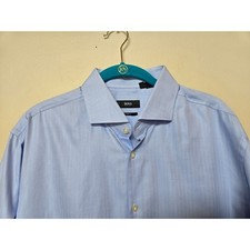 Hugo Boss Slim Fit Light Blue Herringbone Dress Shirt Mens 17 32/33 Long Sleeve