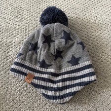 Kids Winter Beanie Gray Navy Stars Pom Fleece Lined Knit Hat