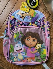 Girls Dora the Explorer Small Backpack Pink/Purple Glitter Pom Pom Bottle Pocket