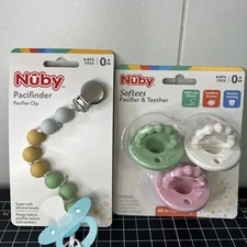 Nuby Softees Pacifier & Teether 3pk Silicone 0+ All In One Design W/Pacifer Clip