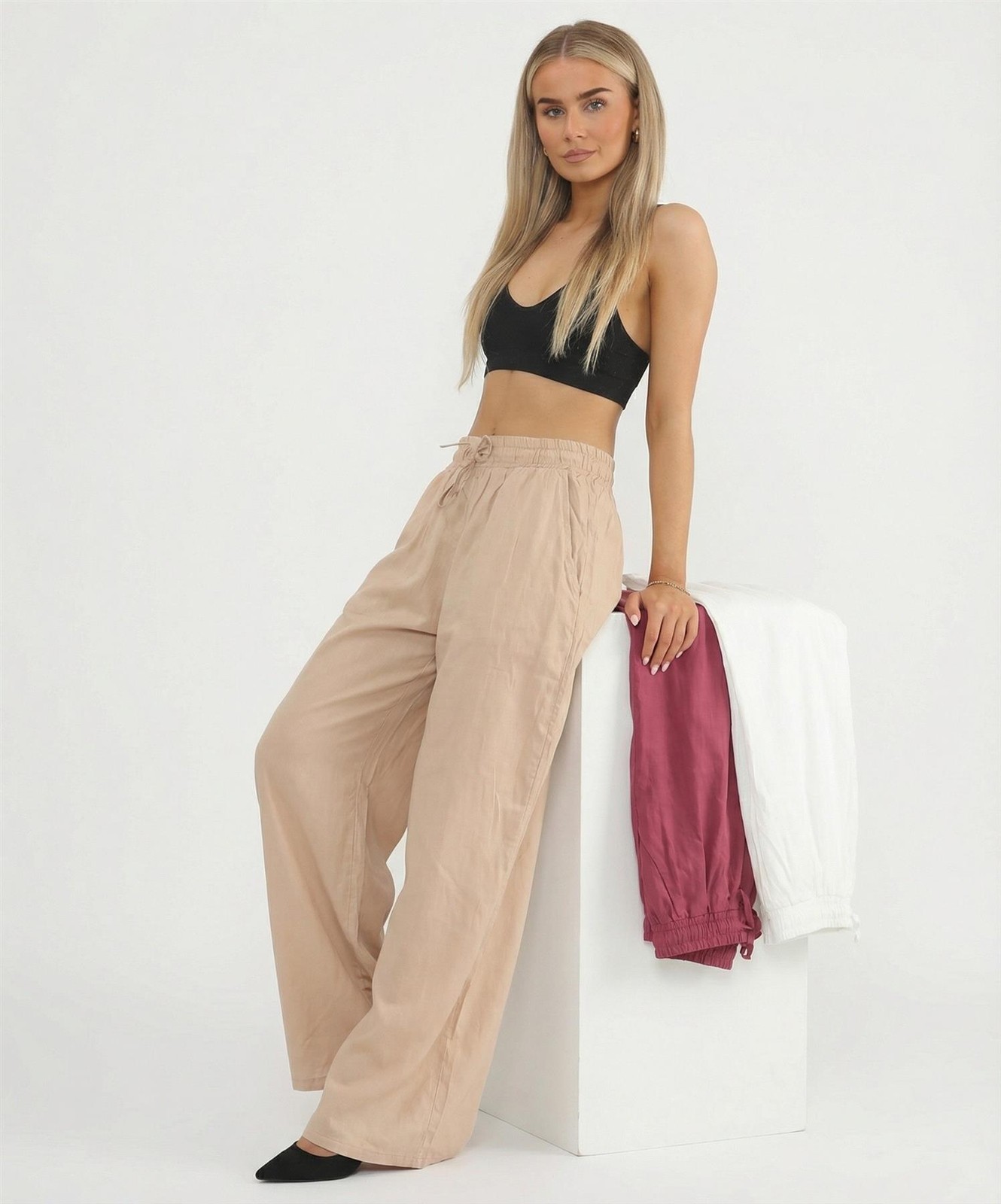 Mujer Lino Pierna Ancha Pantalones Cintura Alta Palazzo Pantalones Paquete de 2 UK