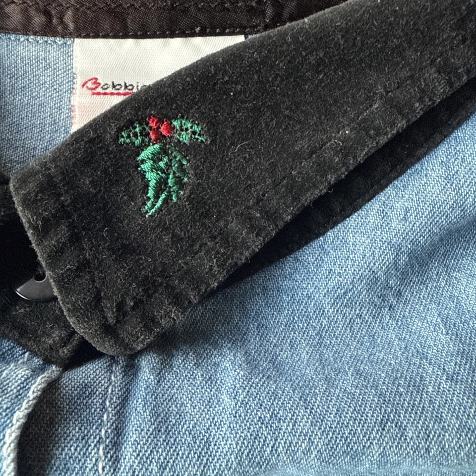 Bobbie Brooks Shirt Women Blue Denim Christmas Embroidered Button Up Collared - Image 3 of 4