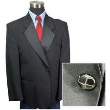 43 44 R Tuxedo Junction Black Tux Coat Jacket Satin lapel Leather Button Wool vt