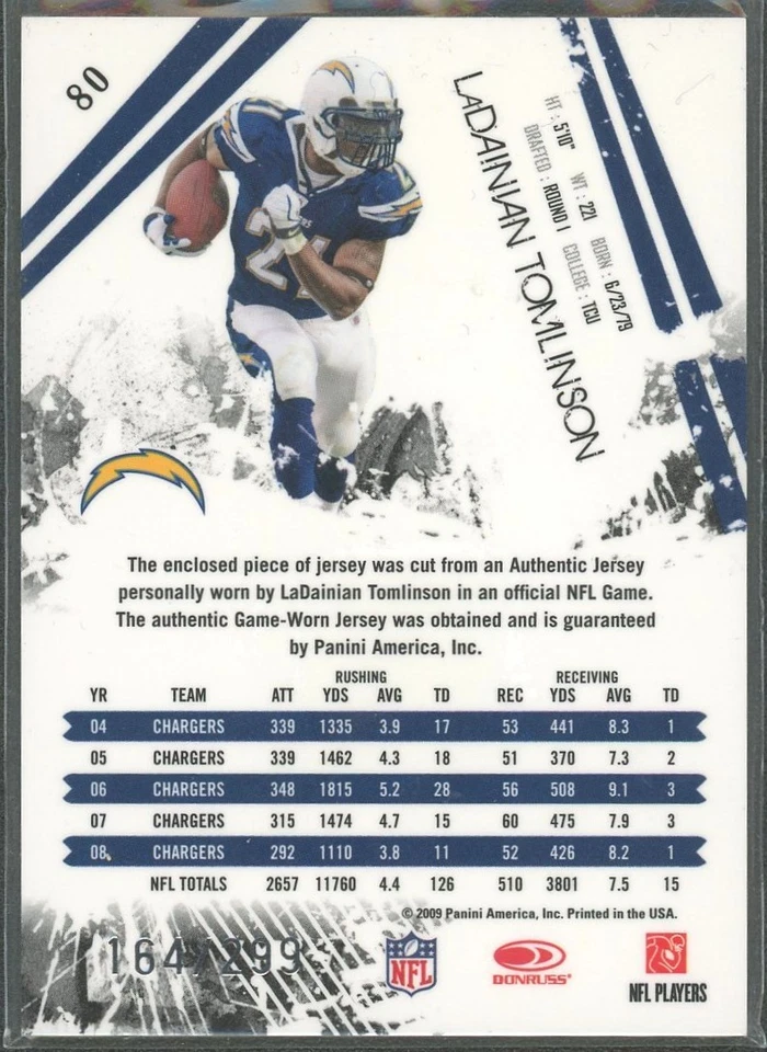 2009 Donruss R & S Longevity Materials Ruby #80 LaDainian Tomlinson #/299 - Image 2 of 2