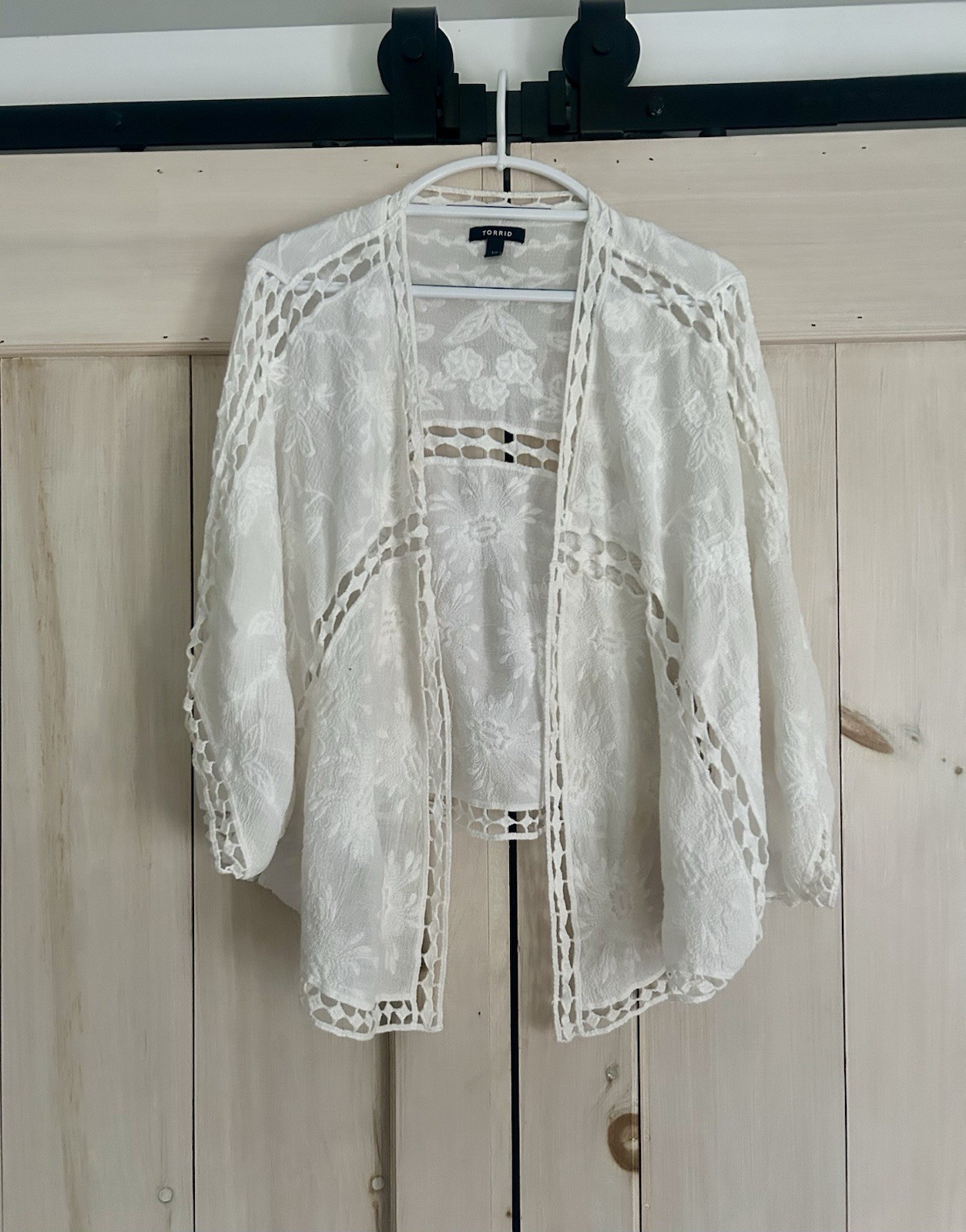 Torrid White Lace Open Front Kimono Cardigan Size 1/2 Boho Crochet Floral Cover