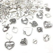 100 pcs Mix Antique Silver Heart Beads Charms for Jewelry Making Valentines D...