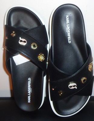Karl Lagerfeld Paris Halsted Crisscross Sandal Pins Flower Cat Star Black SZ 8M