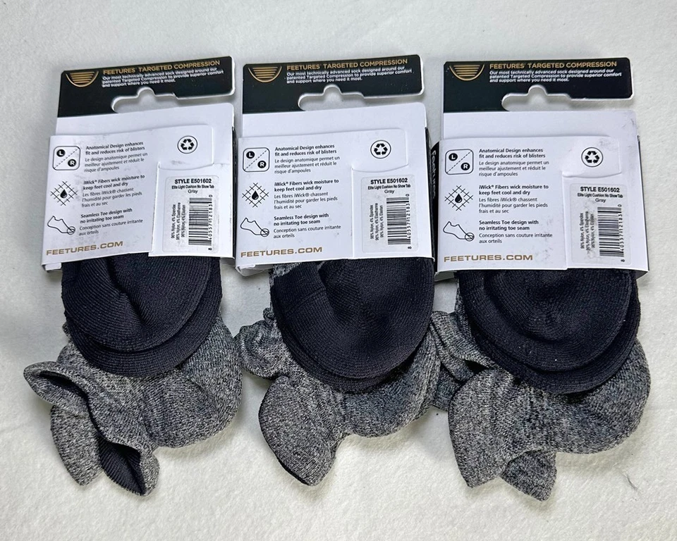 Paquete de 3 calcetines grises Feetures Elite Light cojín No Show Tab talla M 6-8,5 para hombre Foto 2 de 4