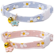2 Pack Cotton Breakaway Cat Collars with Bell Cute Flower Charms Kitty Kitten...