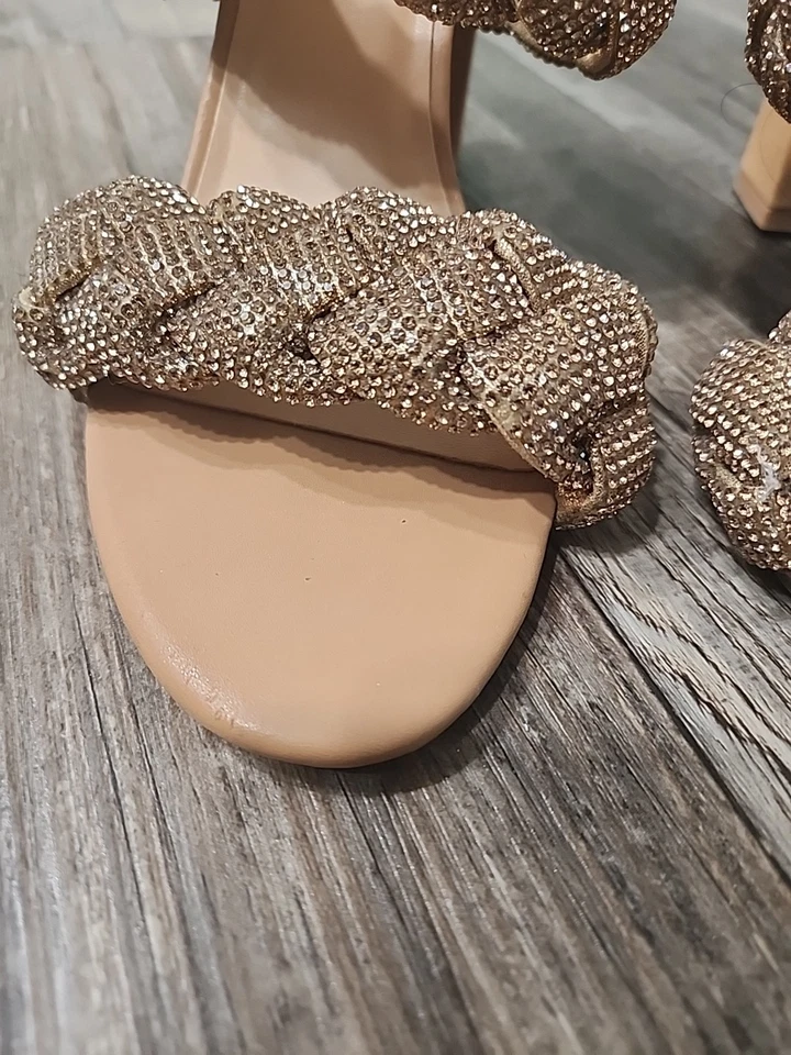 $225 Steve Madden Nider Tacones Bronce Tostado Estrás Punta Abierta Tacón Bloque Talla 8.5 Foto 4 de 4