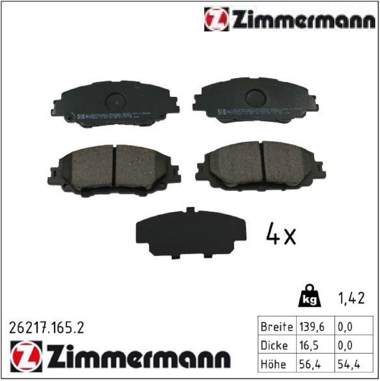 Zimmermann 26217.165.2 Bremsbelagsatz für Scheibenbremse Bremsbelagsatz