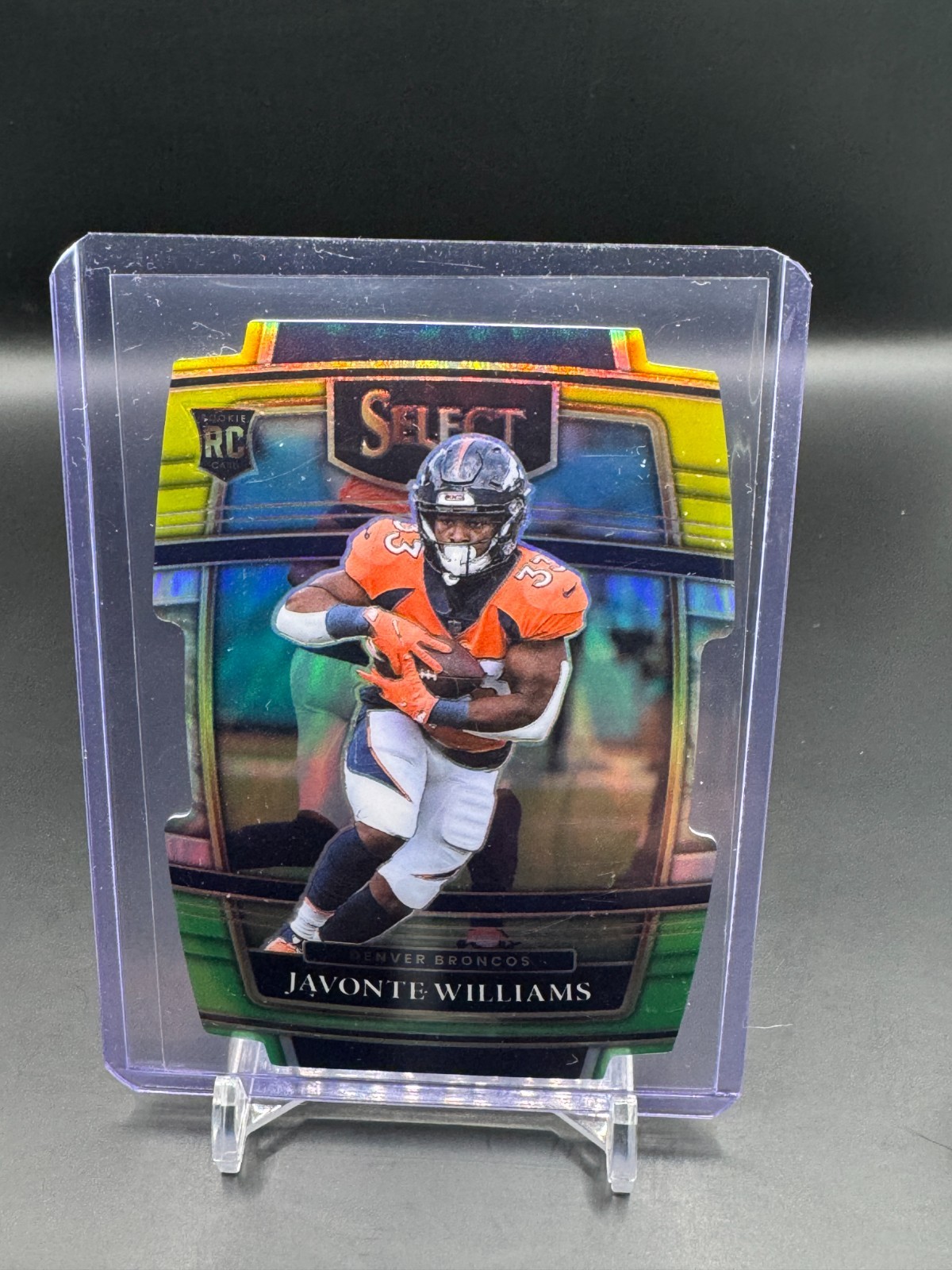 2021 Panini Select #57 Javonte Williams Green and Yellow Prizm Die Cut