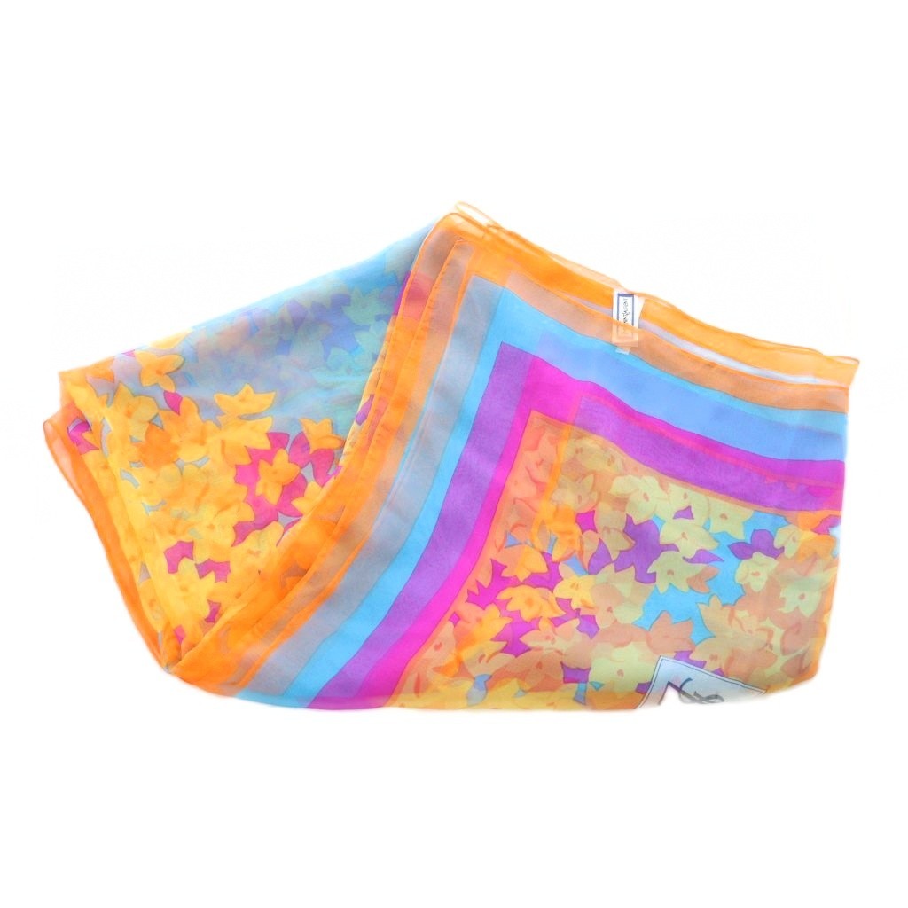 Yves Saint Laurent Scarf Orange Light Blue Pink Floral Pattern Women's Authentic thumbnail 3