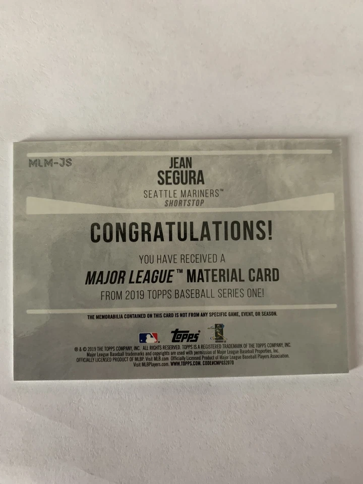 2019 Topps Series 1 Jean Segura Relic #MLM-JS Mariners - Image 2 of 2