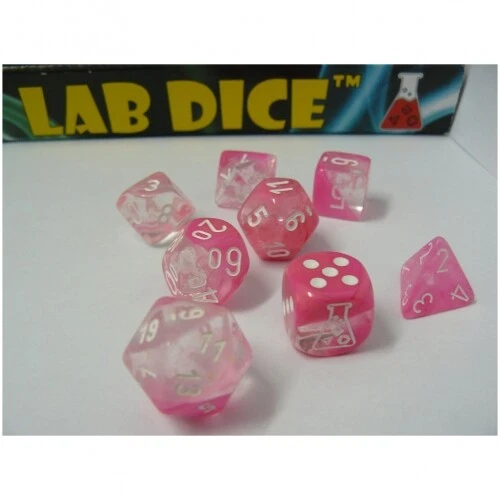 CHESSEX Würfelset - Lab Dice - Gemini Clear-Pink/white LUMINARY (7+1 Würfelset-Tube) - l