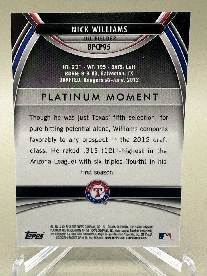 NICK WILLIAMS 2013 Bowman Platinum BLUE REFRACTOR #006/199 (#BPCP95) - NM/MT - Image 2 of 2