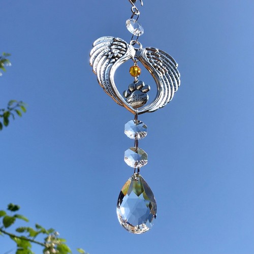 New Memorial Angel Wing Pet Loss Sun Catcher Paw Print ~ Cat Dog Various Colours - Picture 29 of 68