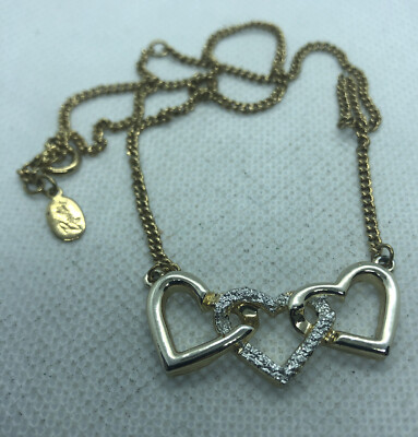 Vintage 1950s Triple Heart Necklace 16   Goldtone & Silvertone Center By BeeLine
