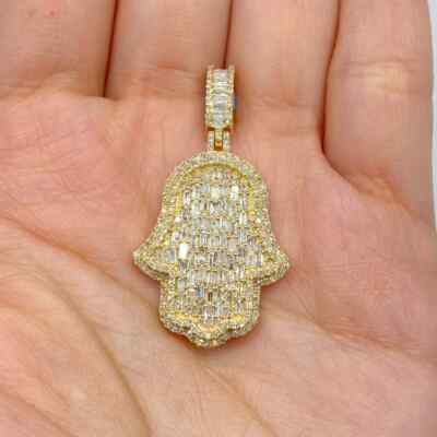 2 Ct Baguette Round Cut VVS1/D Moissanite Hamsa Pendant 14K Yellow Gold Plated