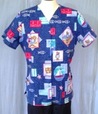 Simply Basic Blue Large Scrub Top Nautical Theme Teddy Bears Cotton Blend