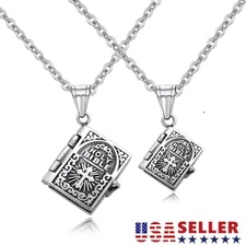 2× Unisex Silver Bible Open Pages Pendant Necklace Lord's Prayer Stainless Steel