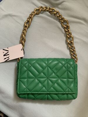 ZARA GREEN FAUX LEATHER MINI QUILTED TOILETRY BAG WITH MIRROR