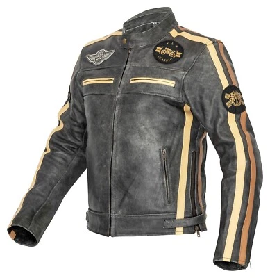 XLS CLASSIC LINE Herren Motorradjacke Motorrad Lederjacke Retro Biker Jacke Vintage Grau M - 5XL
