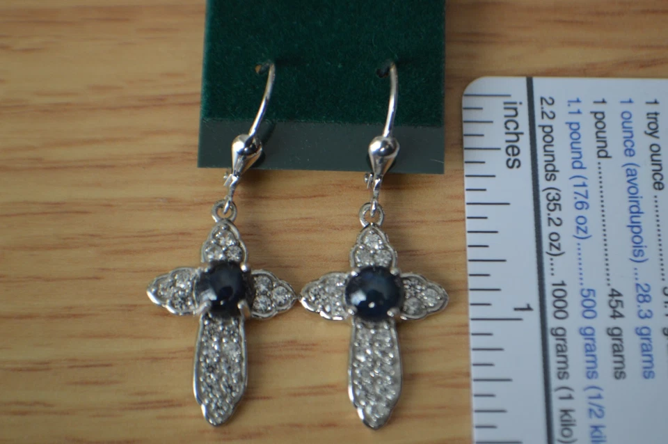 4.00ct AAAA Star Blue Sapphire / Zircon Cross Earrings Platinum over Fine Silver - Image 3 of 4