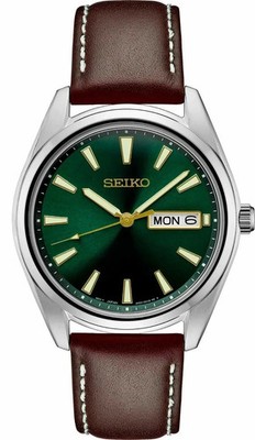 New Seiko Men's Essentials Green Dial Brown Leather Strap Watch SUR449