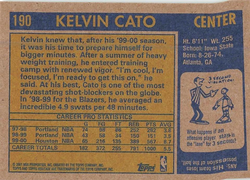 KELVIN CATO 2000-01 TOPPS HERITAGE BASKETBALL #190 - Image 2 of 2