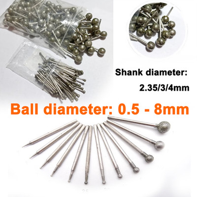 0.5-8mm Diamond Round Burr Shank 2.35/3/4mm Drill Bit Grinding for Rotary Tool