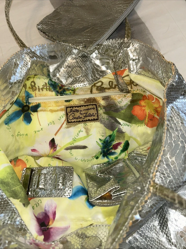 Bolso de Mano Fatto A Mano Por Carlos Falchi Metálico Cartera Plateado Piel de Serpiente Bolso Y2K Foto 3 de 4