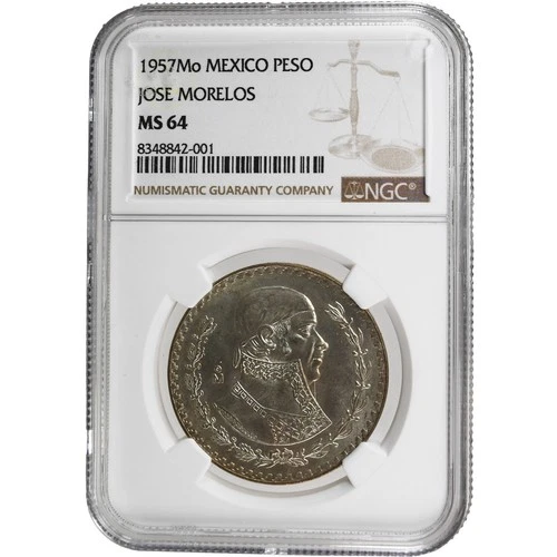 1957Mo MEXICO PESO JOSE MORELOS NGC MS64