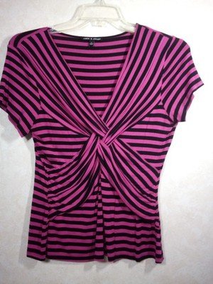 Cable & Gauge Top Women XL Magenta Black Stripe V-Neck Twist Short Sleeve