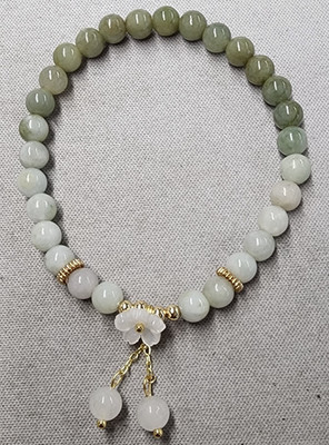 Buddha Stones Green & White Jade Beaded Bracelet 6.5''