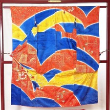 Kimono japonais "FURISODE" soie/orange/bleu/or/ vintage/longueur : 147 cm N0598