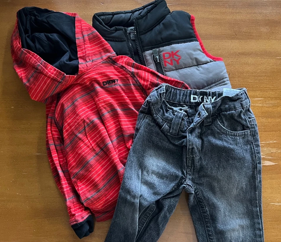 DKNY 3-Piece Outfit 18 mo Puffer Vest Hoodie Long Sleeve Shirt Pants Toddler - Image 2 of 4