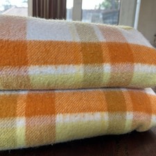 Pair Vtg Rare Wool Acrylic Blanket Orange Cream Plaid, 75"X86" Camp Soft Twin