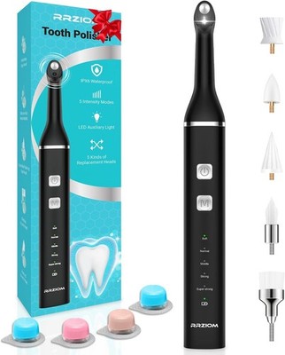 RRZIOM Rechargeable Teeth Polisher Kit - 5 Speed Modes, 5 Brush Heads, LED Light