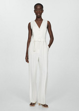 NWT MANGO MNG OFF WHITE BELTED V-NECK JUMPSUIT SZ L LARGE