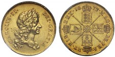 Charles II 1673 Five-Guineas, 1st bust, AU55+, edge V. QVINTO