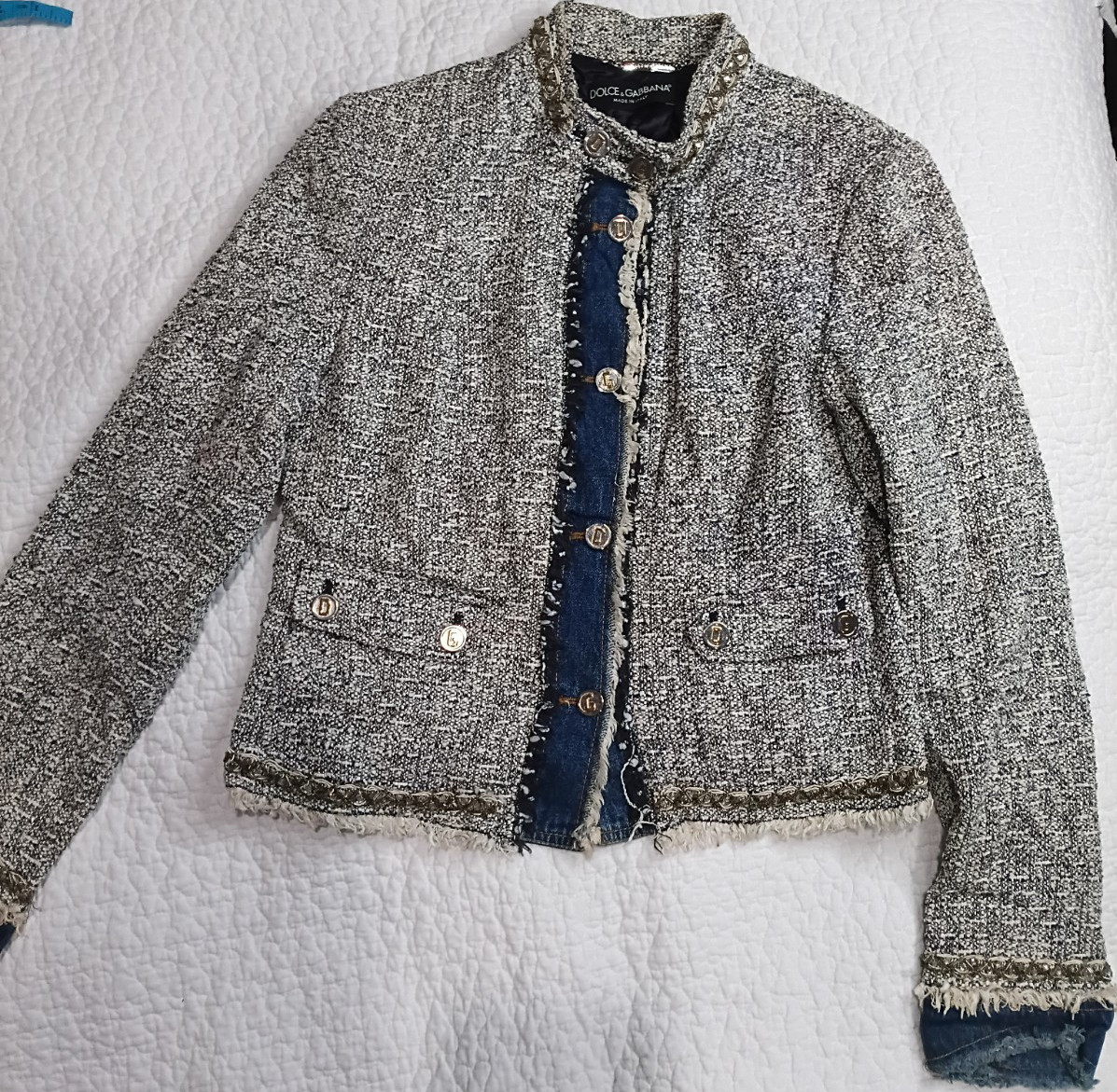 Dolce & Gabbana Women's Button Fringe Denim Trim Gray Blue Short Jacket Size 46
