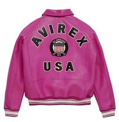Avirex Pink Leather Varsity Bomber Jacket Handmade   Avirex USA Inspired Streetw